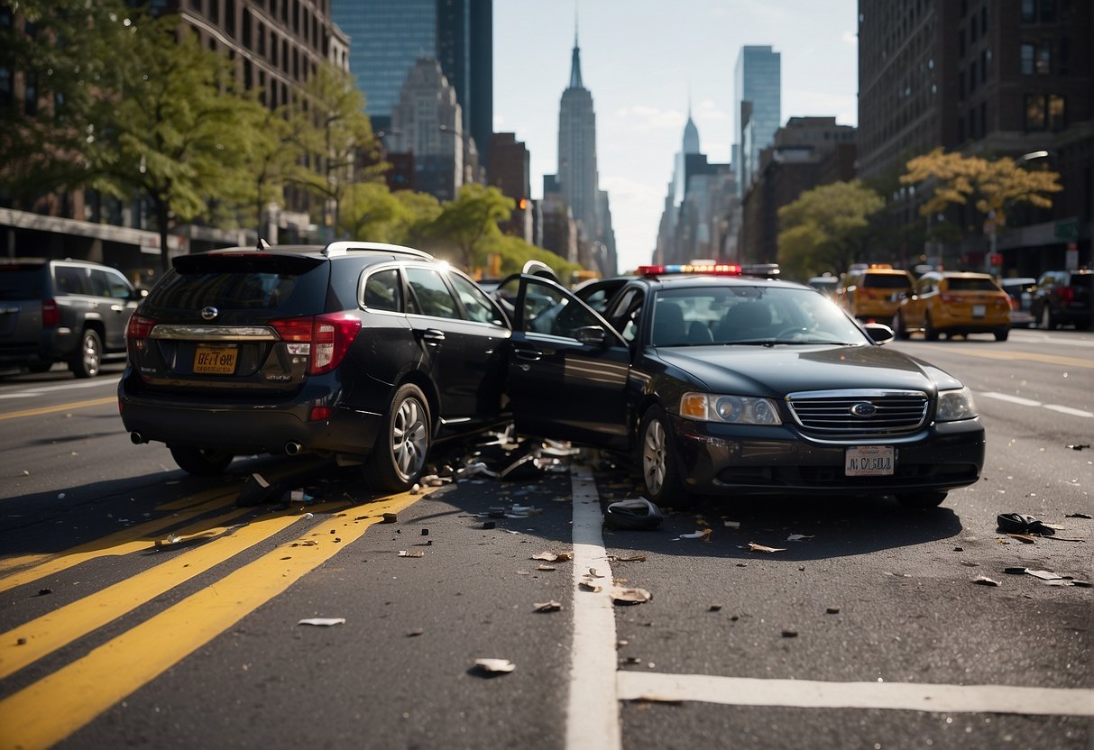 Car accident scene with police officers documenting the incident for no-fault insurance claim